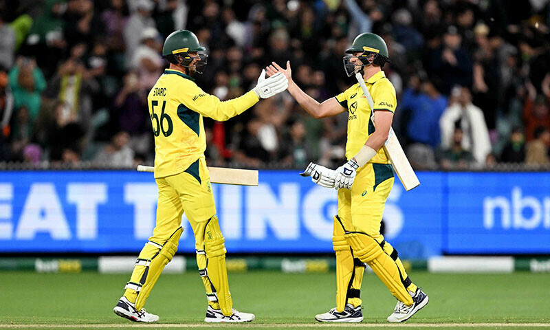 Australian batsman Pat Cummins (R) is congratulated by teammate Mitchell Starc after hitting the winning run during the first one-day International cricket match between Australia and Pakistan at the Melbourne Cricket Ground in Melbourne on November 4. — AFP