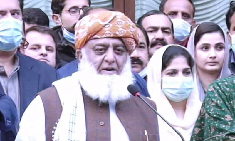 PDM president Maulana Fazlur Rehman speaks to the media in Islamabad. — DawnNewsTV