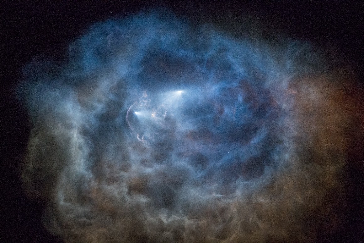 The SpaceX Falcon 9 rocket separates from the space craft behind the rocket trail after launching from Vandenberg Air Force Base carrying the SAOCOM 1A and ITASAT 1 satellites, as seen on Oct. 7, 2018 near Santa Barbara, California. 