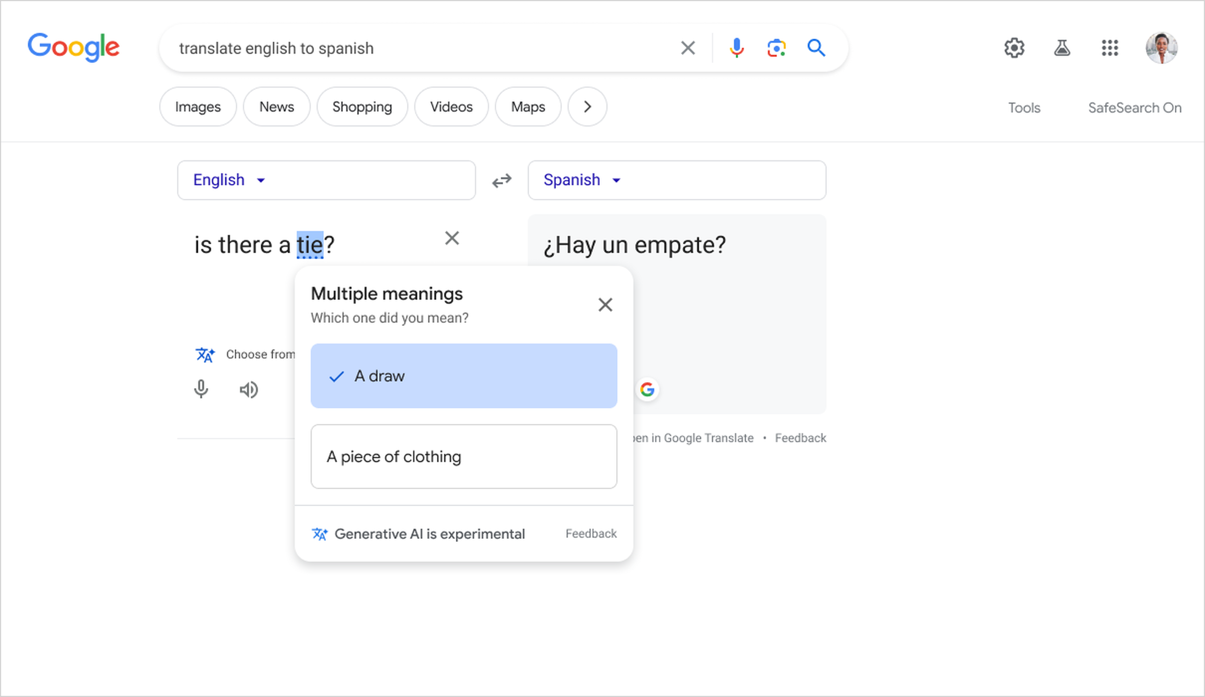A screenshot of Google’s new translation feature that asks about multiple meanings.