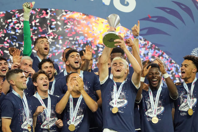 LAS VEGAS, NEVADA - JUNE 18: Gio Reyna #7 of the United States lifts the trophy as United States players celebrate winning the Concacaf Nations League tournament during the 2023 CONCACAF Nations League Final at Allegiant Stadium on June 18, 2023 in Las Vegas, Nevada. (Photo by John Todd/USSF/Getty Images for USSF)