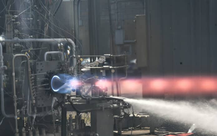 Rotating detonation rocket engine, or RDRE hot fire test at Marshall Space Flight Center.