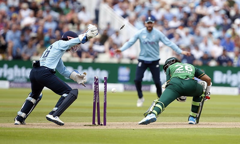 England's John Simpson reacts as Pakistan's Imamul Haq is bowled by England's Matt Parkinson during the 3rd ODI at Edgbaston Stadium, Birmingham, Britain. — Reuters