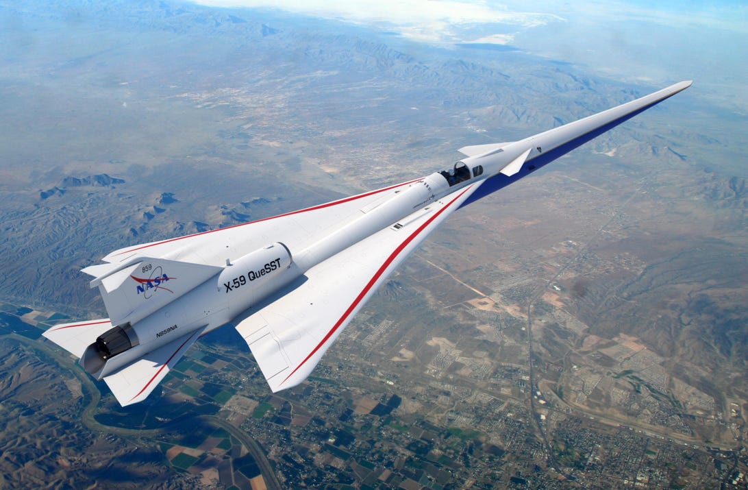 A render of the X-59 quiet supersonic airplane flying above the desert.