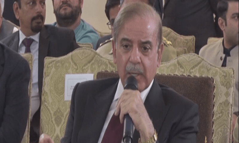 <p>Prime Minister Shehbaz Sharif speaks at an event to launch a real-time dashboard to monitor flood relief assistance on Monday. — DawnNewsTV</p>