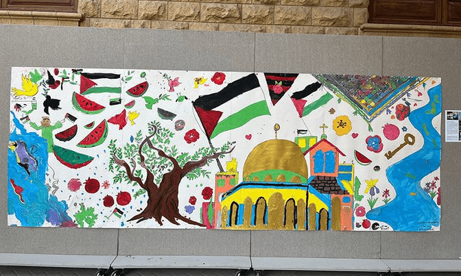  ‘Darya Se Samander Tak: A Mural of Palestinian Resistance’ was painted by children at  Hero Shero Kids, a Karachi-based initiative to promote  human rights awareness and activism in children. Photo: author 