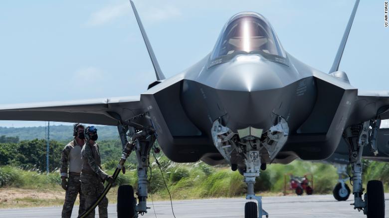 US Air Force airmen perform hot-pit refueling on an F-35A fighter at Northwest Field as part of an Agile Combat Employment (ACE) on Guam in February.