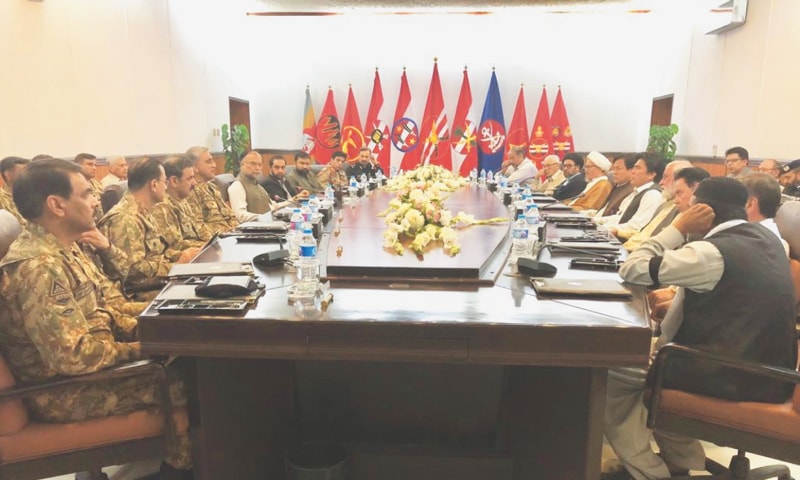 Chief of the Army Staff Gen Qamar Javed Bajwa holding a meeting with representatives of the Shia Hazara community. Interior Minister Ahsan Iqbal and Balochistan Chief Minister Mir Abdul Quddus Bizenjo are also present.
