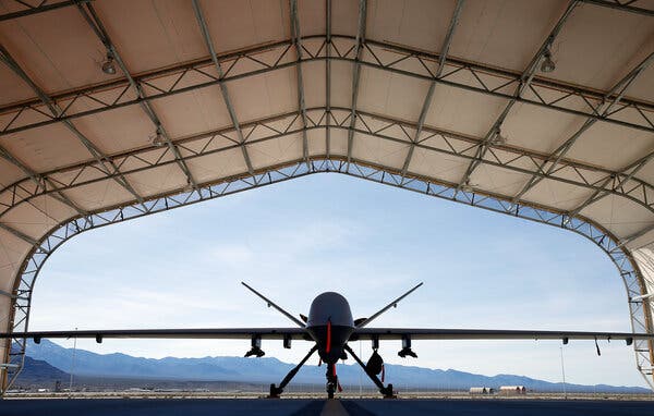 An MQ-9 Reaper drone at an Air Force base in Nevada. The military is stationing drones in the Persian Gulf region as it withdraws troops from Afghanistan.