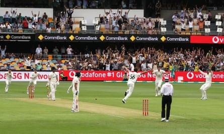 Australia's Mitchell Starc runs off to celebrate after taking the wicket of Rory Burns with the first ball of the 2021-22 Ashes