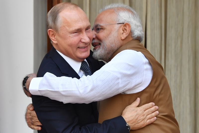Russian President Vladimir Putin and Indian Prime Minister Narendra Modi meet at Hyderabad House in New Delhi on Oct. 5, 2018.