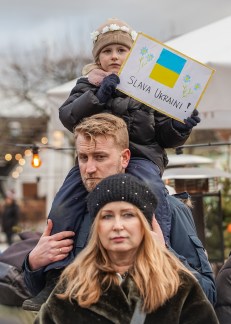 Protesters holding anti-war banners and flags of Ukraine in Sopot, Poland.