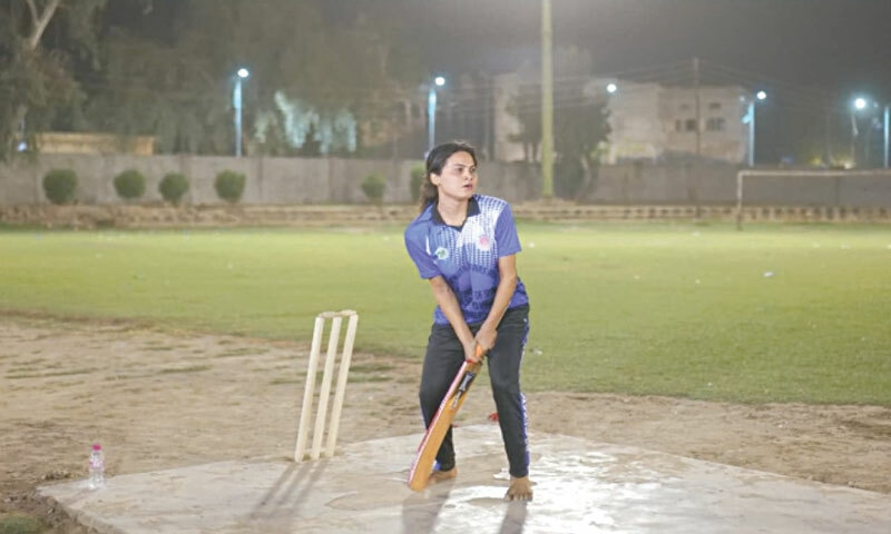 Sonu of Khairpur Silver bats during the match at the Sukkur Municipal Stadium