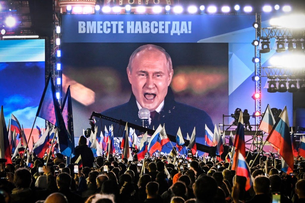 Valdimir Putin addresses a rally and a concert marking the annexation of four regions of Ukraine  on Sept. 30.