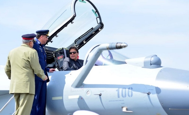 Prime Minister Imran Khan, COAS Gen Bajwa inspect J-10C aircraft during a ceremony at Kamra Air Base on Friday. — Photo: Prime Minister Office