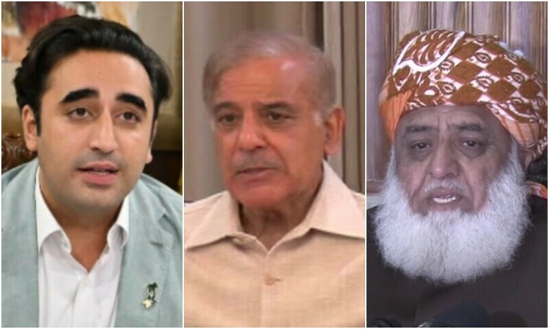 <p>The combination photo shows (L-R) Foreign Minister Bilawal Bhutto Zardari, Prime Minister Shehbaz Sharif and JUI-F chief Maulana Fazlur Rehman. — DawnNewsTV</p>