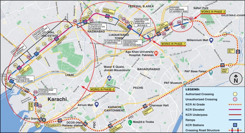 A map highlighting the proposed route of the Karachi Circular Railway.