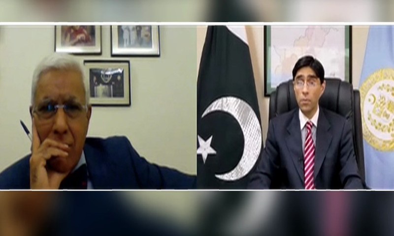 Screengrab shows SAPM on National Security Moeed Yusuf in a virtual interview with Indian journalist Karan Thapar. — Courtesy YouTube