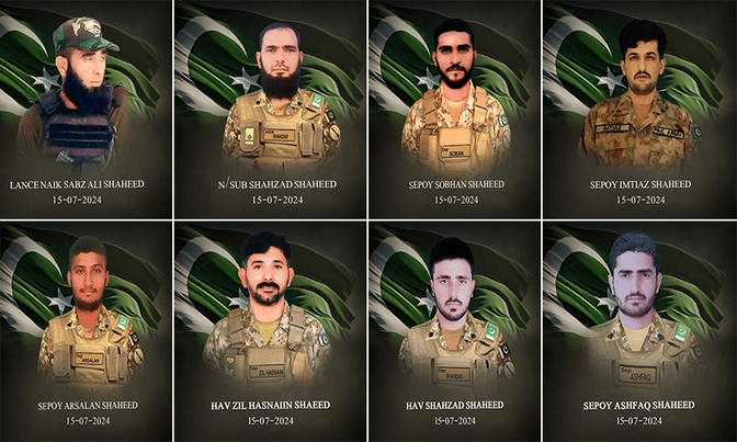This combination photo shows eight security forces who were martyred in a terrorist attack in Bannu on July 15, 2024. — ISPR