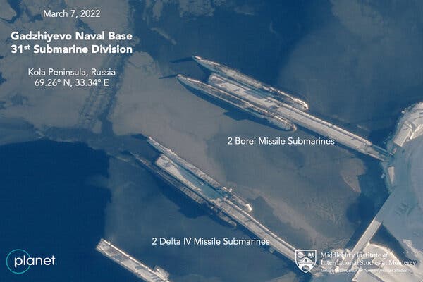 A satellite image annotated by specialists at the Middlebury Institute showing Russian submarines docked at the Gadzhiyevo naval base in the Arctic on March 7.