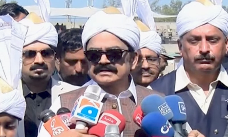 Interior Minister Rana Sanaullah speaks to the media in Faisalabad on Sunday. — DawnNewsTV