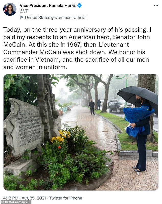 Kamala Harris was criticized by Meghan McCain after sharing this snap of where McCain's father John was shot down while fighting in the Vietnam WAr