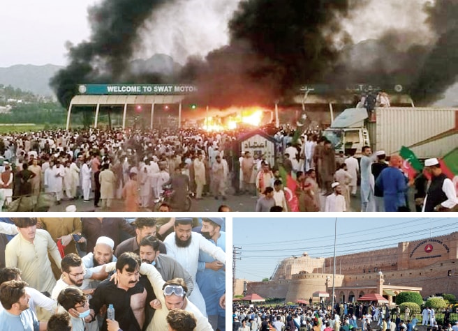 (Clockwise from top) Tehreek-i-Insaf protesters set the Swat Motorway toll plaza on fire in Malakand on Tuesday. PTI activists gather in front of Balahisar Fort, the Frontier Corps headquarters, in Peshawar. Workers escort former provincial minister Shaukat Yousafzai after being manhandled in Peshawar. — Dawn/White Star