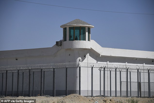The internment camps are estimated to house three million Kazakhs and Uyghurs who are subjected to medical experiments, rape and torture. Pictured is a watchtower at what is believed to be a 'red-education camp' on the outskirts of Xingiang'red-education camp' on the outskirts of Xingiang