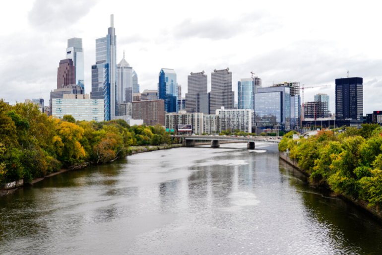 The skyline in Philadelphia seen rising above the Schulkyll River in Pennsylvania.