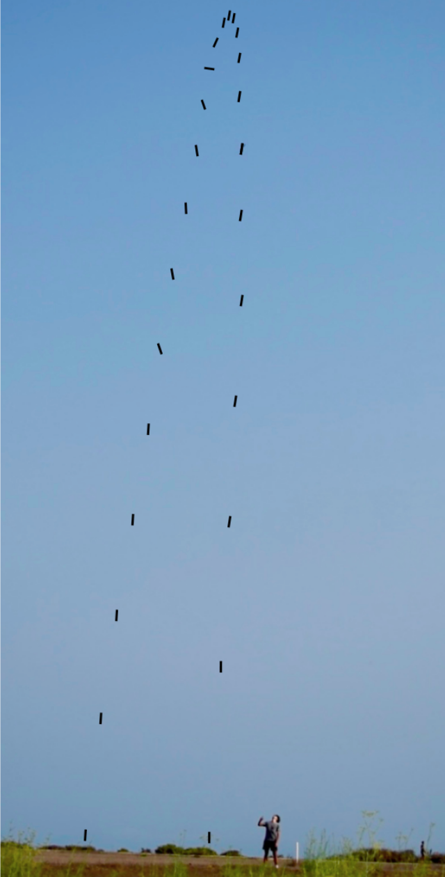 Image of the device jumping, with lines added over the position of the jumper approximately every 200 milliseconds.