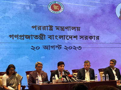 Bangladesh foreign minister AK Abdul Momen speaks to media on 20 August, 2023