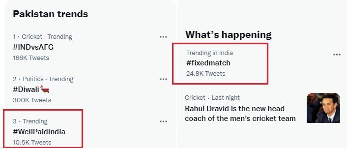 A glimpse of Twitter trends in Pakistan (left) and India (right) a few hours after the match between India and Afghanistan was over.