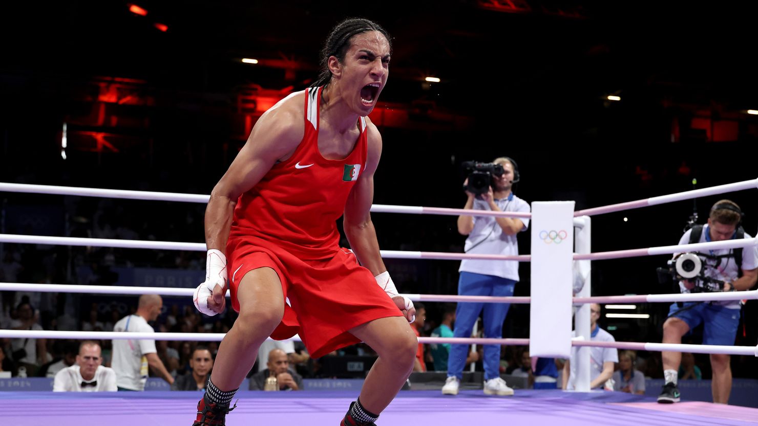 Imane Khelif of Algeria celebrates victory against Anna Luca Hamori of Hungary.