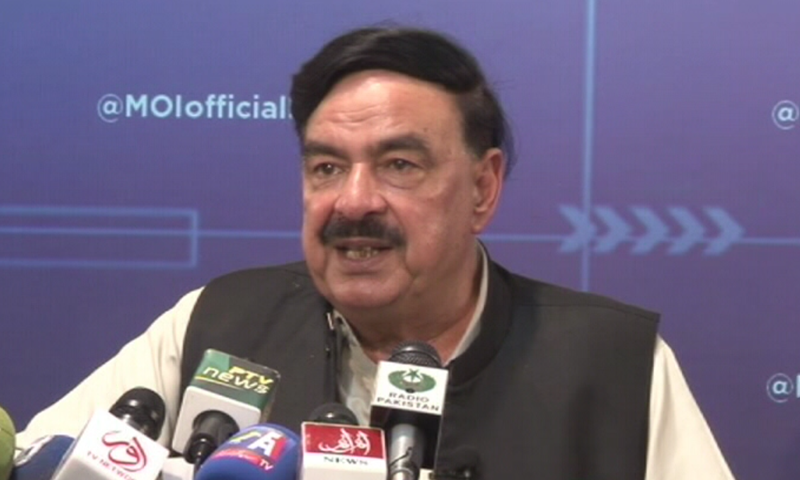 Interior Minister Sheikh Rashid addressing a press conference in Islamabad. — DawnNewsTV