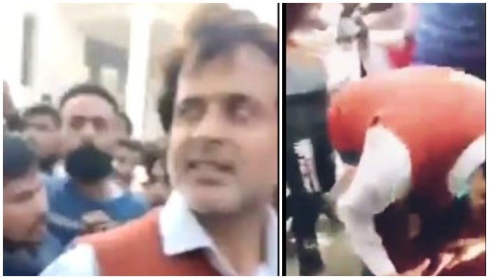 Screengrabs of footage showing Malik Adnan trying to saveDiyawadanage Don Nandasri Priyantha from the mob during the Sialkot lynching incident — Twitter