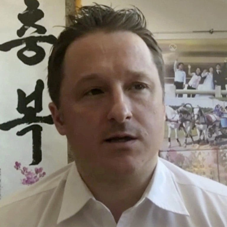 Michael Spavor, director of Paektu Cultural Exchange, speaks during a Skype interview in Yanji, China in March 2017. Photo: AP