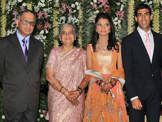 He became a household name after he married Akshata Murthy, the daughter of the billionaire founder of a staggeringly successful IT company. Pictured: The couple at their wedding with Murthy's parents
