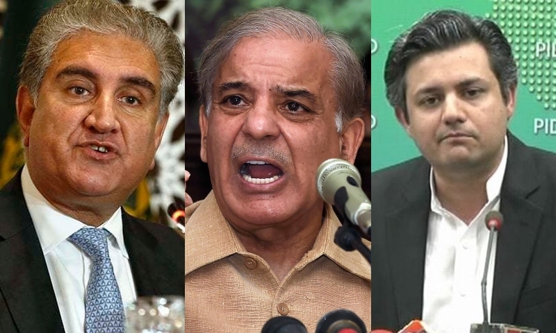 Foreign Minister Shah Mahmood Qureshi (L), PML-N President Shehbaz Sharif (M) and Energy Minister Hammad Azhar. — AP/File, AFP/File, DawnNewsTV/File