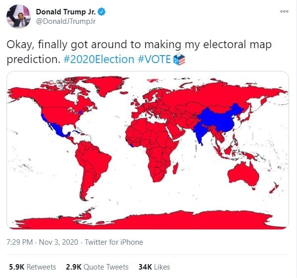 US election: As Americans vote, Donald Trump's son tweets world map to predict dad's victory - World News