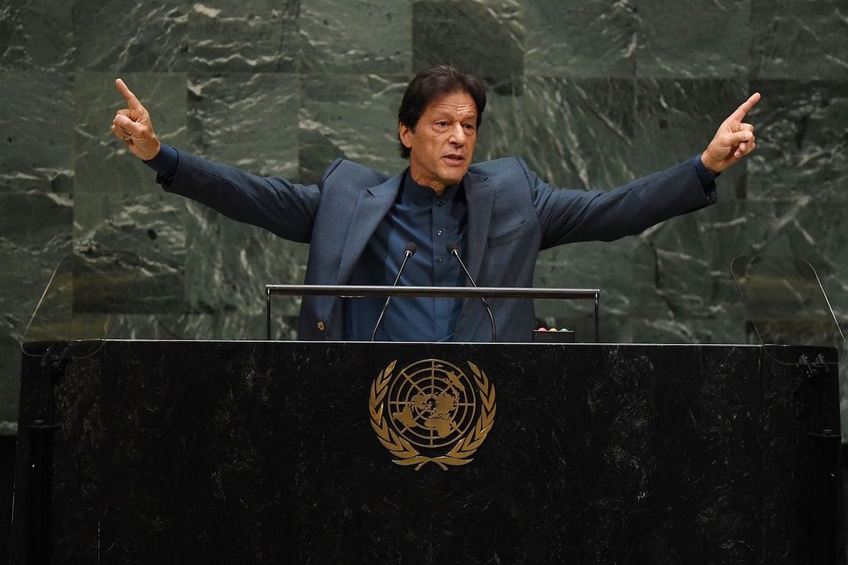 Pakistani Prime Minister Imran Khan speaks during the 74th Session of the General Assembly at UN Headquarters in New York on September 27, 2019. - India is planning a bloodbath in Kashmir, Khan told the UNGeneral Assembly. The Indian-controlled part of the disputed territory has been under lockdown since New Delhi scrapped its semi-autonomous status in early August, and Khan said armed forces there would turn on the population after the curfew was lifted. There are 900,000 troops there, they haven't come to, as Narendra Modi says -- for the prosperity of Kashmir... These 900,000 troops, what are they going to do? When they come out? There will be a bloodbath, he said. (Photo by TIMOTHY A. CLARY / AFP) (Photo credit should read TIMOTHY A. CLARY/AFP via Getty Images)'t come to, as Narendra Modi says -- for the prosperity of Kashmir... These 900,000 troops, what are they going to do? When they come out? There will be a bloodbath, he said. (Photo by TIMOTHY A. CLARY / AFP) (Photo credit should read TIMOTHY A. CLARY/AFP via Getty Images)