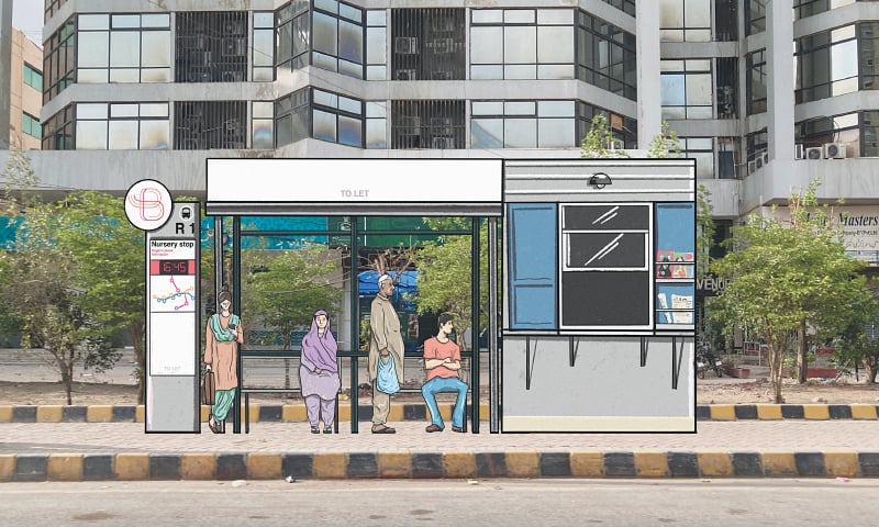  A bus stop designed for commuters should have maps, route information and timers indicating wait time. Inset: A dilapidated bus stop at Nursery on Sharae Faisal. Except for an advertisement, this stop displays no information for commuters  | Photo by the writer and illustration by Maaz Jan  