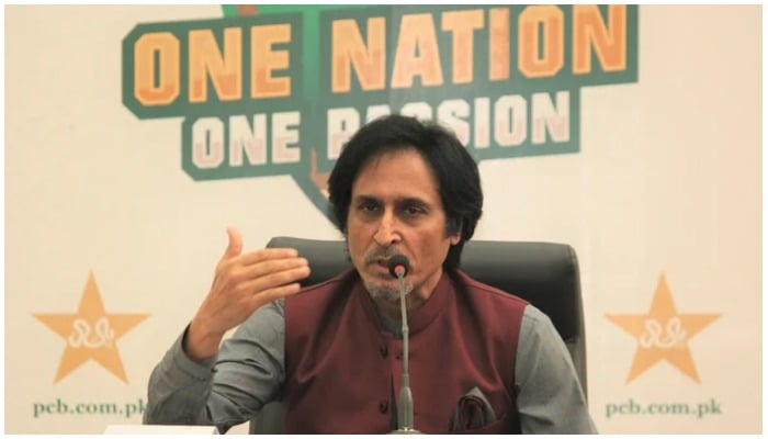 Pakistan Cricket Board (PCB) Chairman Ramiz Raja addressing a press conference. — PCB/File