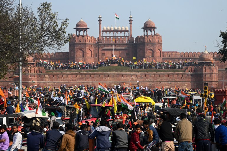 Farmers at the Red Fort as they continue to protest against the farm laws in New Delhi [Sajjad Hussain/AFP]