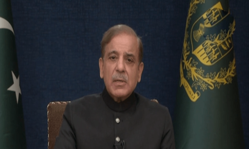 <p>Prime Minister Shehbaz Sharif addresses the nation on Saturday. — DawnNewsTV</p>