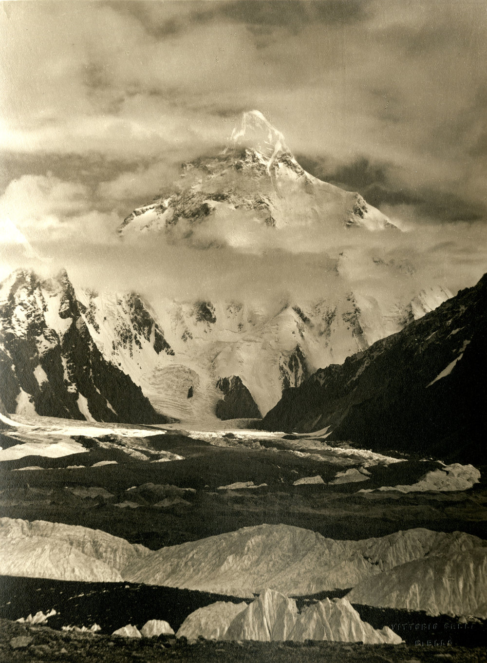 Photograph of K2 from the Baltoro Glacier, taken by Vittorio Sella in 1909.  Vittorio Sella Collection