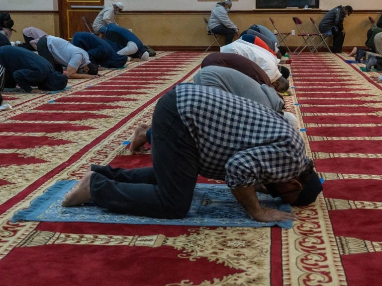 Muslims worshipers attend Friday Maghrib prayers during Ramadan at the Masjid Ar-Rahman mosque in Queens Village on April 23, 2021.