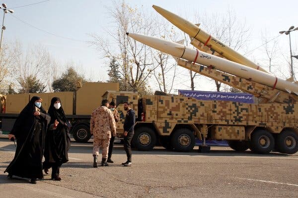 Missiles on display in Tehran in January. Iran develops weapons technology at the nearby Parchin military complex, which was struck on Wednesday.