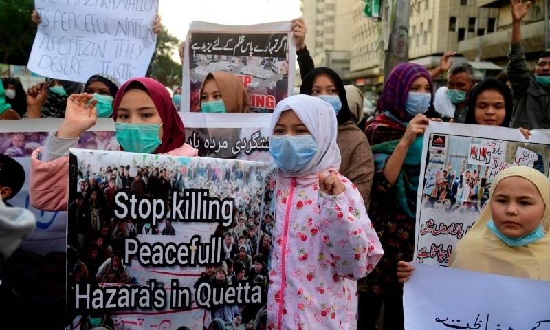 Residents protest the killing of miners of the Shia Hazara community in Karachi on January 5, Tuesday. — AFP
