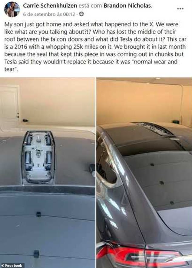 A piece of a roof of a Tesla Model X is photographed missing by a vehicle owner above