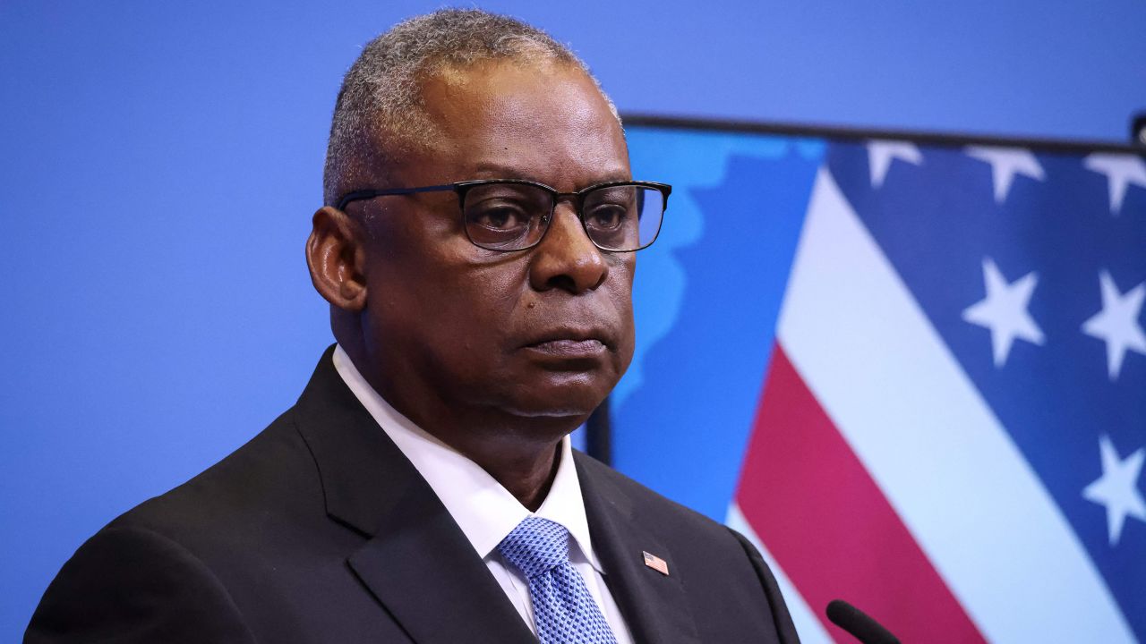 US Defence Secretary Lloyd Austin gives a press conference during the NATO Council Defence Ministers Session at the NATO headquarters in Brussels on October 12, 2023. NATO countries told Israel's defence minister they stood by his country after the attack by Hamas, but urged his forces to respond with proportionality, the alliance said.